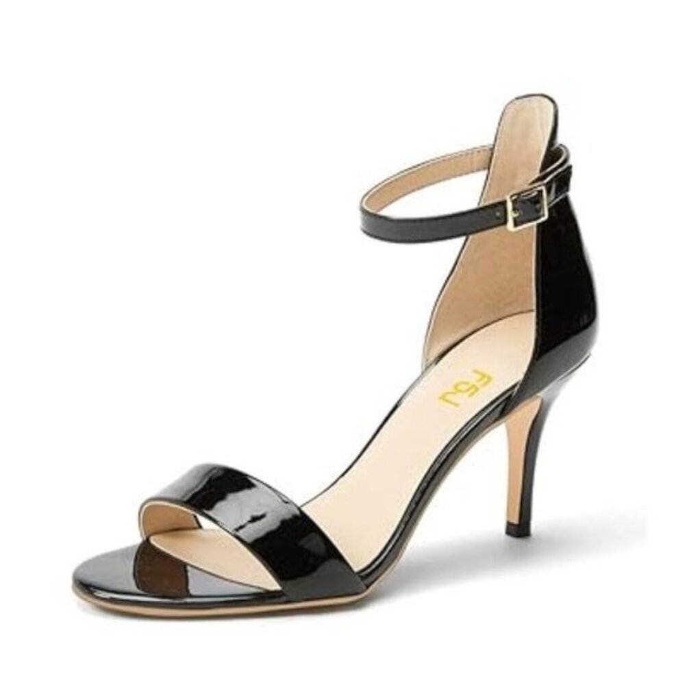 FSJ Black Women Comfy Open Toe Summer Sandal Ankle Strap Kitten Mid Heels Shoes